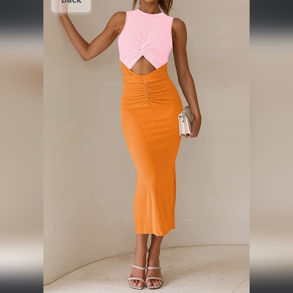 Viral Pink and Orange Color Block Twist Front Knit High Slit Dress - Picture 3 of 5